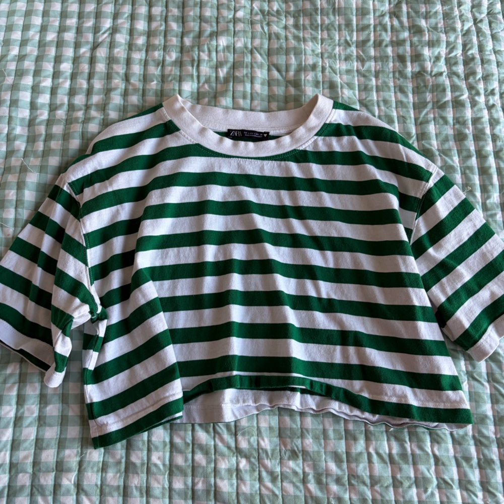 Zara Green and White Striped Crop Top